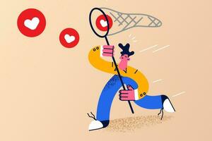 joven hombre corriendo con red esforzarse para seguidores gustos en social medios de comunicación. milenario chico con atrapando volador corazones atraer nuevo los usuarios o suscriptores en Internet. popularidad, Blog. vector ilustración.