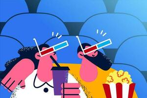 Happy couple in 3d glasses watch film in cinema eat popcorn relax on weekend together. Man and woman enjoy movie in theater have leisure day. Entertainment and relaxation. Vector illustration.