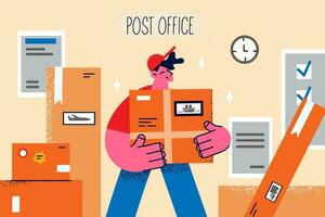 Smiling man deliveryman hold package work in post office with client orders. Happy male courier or serviceman check track parcels. Good express delivery service. Vector illustration.