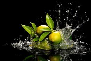 stock photo of water splash with green mango isolated food photography