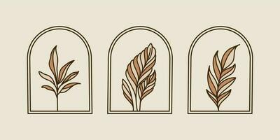 boho logos con florero y tropical hojas en moderno minimalista línea estilo. vector bohemio etiquetas para creando tarjeta postal, carteles, invitación, social medios de comunicación publicaciones y cuentos