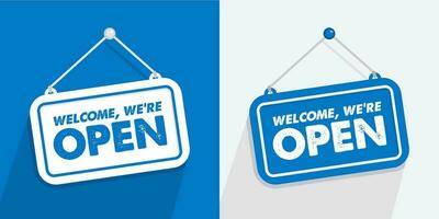 come in we're open shop sign in blue color isolated on realistic background, realistic design template illustration vector