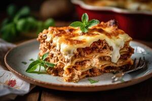 stock photo slice of lasagna in kitchen table bird view