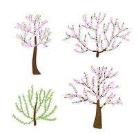 Cherry blossom trees, bushes set with delicate light pink flower branches in simple flat style, vector illustration for Welcome spring concept, greeting cards, banners, springtime events invitations