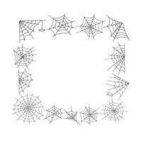 Spider web and little hanging spider square frame simple hand drawn vector outline illustration of doodle fancy Halloween scary decor elements, perfect for Halloween party, cartoon spooky character