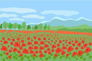 Red poppy flowers field beautiful natural landscape of French Provence, scenery bright background with forest, mountains on a sunny summer day vector