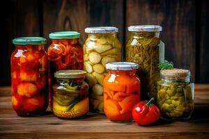 Enlatado vegetales en el cocina mesa comida fotografía ai generado foto