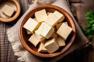 stock photo raw tofu in kitchen table flat lay