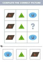 Education game for children to choose and complete the correct picture of a cute cartoon oval triangle or parallelogram printable shape worksheet vector