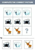 Education game for children to choose and complete the correct picture of a cute cartoon cave polar bear or deer printable winter worksheet vector