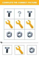 Education game for children to choose and complete the correct picture of a cute cartoon wrench nut or bolt printable tool worksheet vector