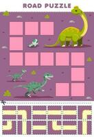 Education game for children road puzzle help velociraptor move to ultrasaurus printable dinosaur worksheet vector