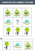 educación juego para niños a escoger y completar el correcto imagen de un linda dibujos animados extraterrestre o OVNI imprimible solar sistema hoja de cálculo vector