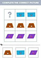 Education game for children to choose and complete the correct picture of a cute cartoon trapezoid rectangle or parallelogram printable shape worksheet vector