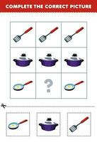 Education game for children to choose and complete the correct picture of a cute cartoon frying pan pot or spatula printable tool worksheet vector