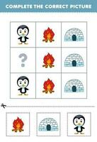 Education game for children to choose and complete the correct picture of a cute cartoon bonfire igloo or penguin printable winter worksheet vector