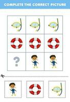 Education game for children to choose and complete the correct picture of a cute cartoon diver snorkel mask or lifebuoy printable profession worksheet vector
