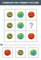 Education game for children to choose and complete the correct picture of a cute cartoon mars mercury or earth planet printable solar system worksheet vector