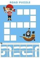 Education game for children road puzzle help pirate boy move to the ship printable halloween worksheet vector