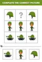 Education game for children to choose and complete the correct picture of a cute cartoon soldier tank or helm printable profession worksheet vector