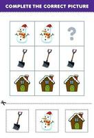 Education game for children to choose and complete the correct picture of a cute cartoon snowman shovel or house printable winter worksheet vector