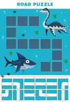 Education game for children road puzzle help megalodon move to plesiosaurus printable dinosaur worksheet vector