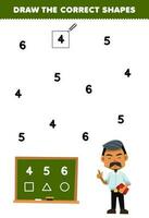 Education game for children help cute cartoon teacher draw the correct shapes according to the number printable profession worksheet vector