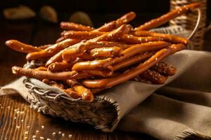 stock photo of pretzel sticks or pretzels in the kitchen table professional food photography ai generated