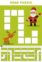 Education game for children road puzzle help deer move to santa printable winter worksheet vector