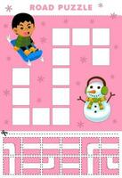 Education game for children road puzzle help boy playing sled move to the snowman printable winter worksheet vector