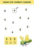 Education game for children help cute cartoon dragonfly draw the correct shapes according to the number printable bug worksheet vector