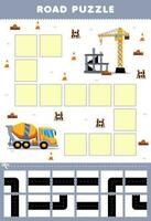 Education game for children road puzzle help concrete mixer truck move to construction site printable transportation worksheet vector