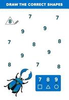 Education game for children help cute cartoon stag beetle draw the correct shapes according to the number printable bug worksheet vector