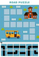 Education game for children road puzzle help bus move to school printable transportation worksheet vector
