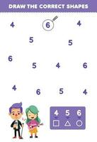 Education game for children help cute cartoon musician draw the correct shapes according to the number printable profession worksheet vector