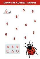 Education game for children help cute cartoon ladybug draw the correct shapes according to the number printable bug worksheet vector