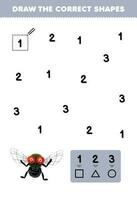 Education game for children help cute cartoon fly draw the correct shapes according to the number printable bug worksheet vector