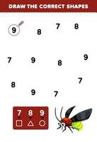 Education game for children help cute cartoon firefly draw the correct shapes according to the number printable bug worksheet vector