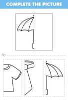 Education game for children cut and complete the picture of cute cartoon umbrella half outline for coloring printable wearable clothes worksheet vector