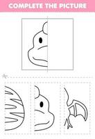 Education game for children cut and complete the picture of cute cartoon brontosaur head half outline for coloring printable prehistoric dinosaur worksheet vector