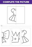 Education game for children cut and complete the picture of cute cartoon dress half outline for coloring printable wearable clothes worksheet vector