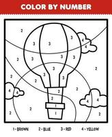 Education game for children color by number of cute cartoon balloon line art printable transportation worksheet vector