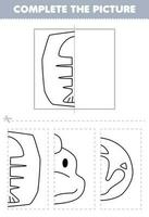 Education game for children cut and complete the picture of cute cartoon fish bone fossil head half outline for coloring printable prehistoric dinosaur worksheet vector