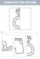 Education game for children cut and complete the picture of cute cartoon ring half outline for coloring printable wearable clothes worksheet vector