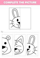 Education game for children cut and complete the picture of cute cartoon rabbit head half outline for coloring printable animal worksheet vector