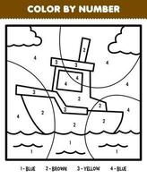 Education game for children color by number of cute cartoon boat line art printable transportation worksheet vector