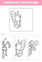 Education game for children cut and complete the picture of cute cartoon butterfly half outline for coloring printable bug worksheet vector