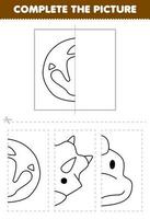 Education game for children cut and complete the picture of cute cartoon dino footprint half outline for coloring printable prehistoric dinosaur worksheet vector