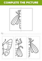 Education game for children cut and complete the picture of cute cartoon dragonfly half outline for coloring printable bug worksheet vector