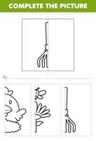 Education game for children cut and complete the picture of cute cartoon rake half outline for coloring printable farm worksheet vector